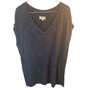 Lou & Grey Womens V-Neck Short Cap Sleeve Marl Knit Top Charcoal Grey Medium
